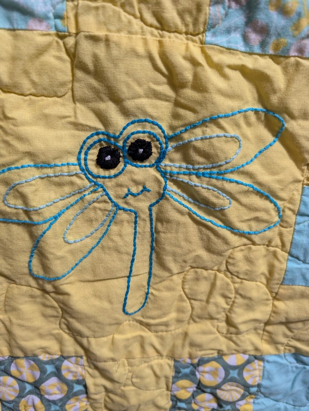 Blue and Yellow Patchwork Baby Quilt with Animal Embroidery 56x52 - Picture 3 of 7
